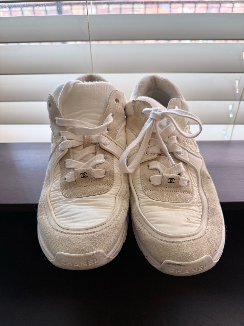 Chanel Interlocking CC Logo Nylon & Suede Low-Top Sneakers, style G34360.